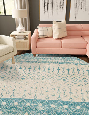 Ivory Blue 5' 3 x 5' 3 Tribal Trellis Round Area Rug Geometric Southwestern Inspired Durable Carpet for Home Interior Design for Sale at Rug Engine