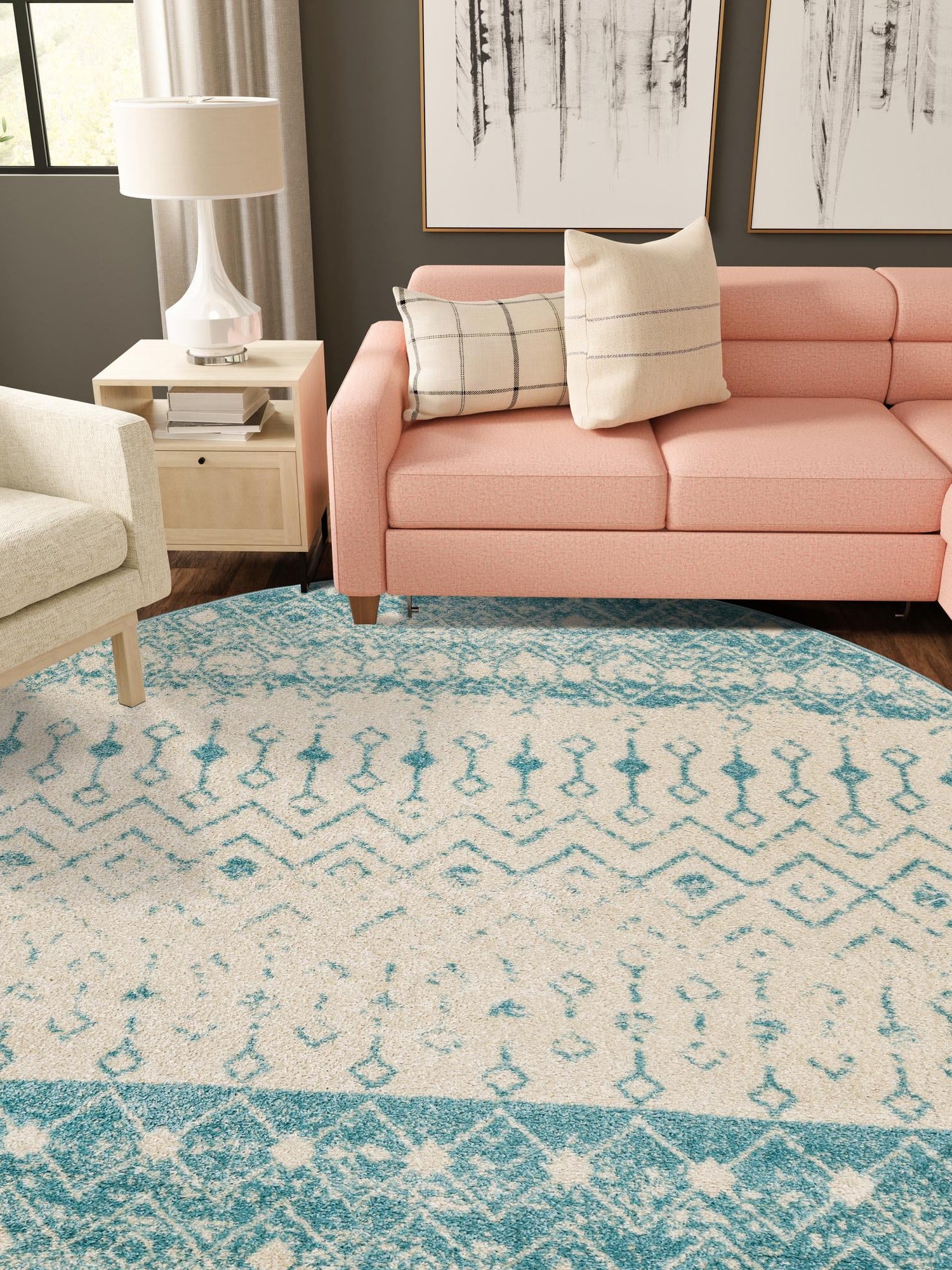 Ivory Blue 7' 10 x 7' 10 Tribal Trellis Round Area Rug Geometric Southwestern Inspired Durable Carpet for Home Interior Design for Sale at Rug Engine