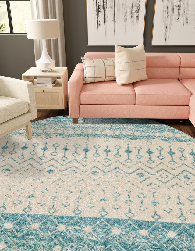 Ivory Blue 7' 10 x 7' 10 Tribal Trellis Round Area Rug Geometric Southwestern Inspired Durable Carpet for Home Interior Design for Sale at Rug Engine