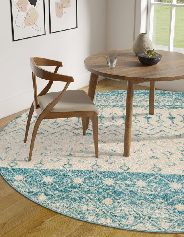 Ivory Blue 7' 10 x 7' 10 Tribal Trellis Round Area Rug Geometric Southwestern Inspired Durable Carpet for Home Interior Design for Sale at Rug Engine