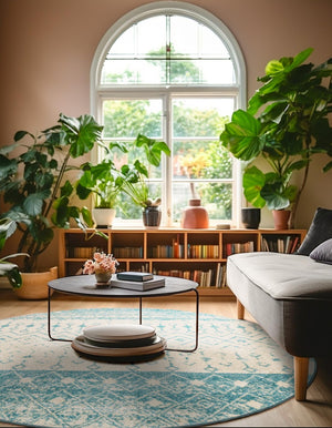 Ivory Blue 7' 10 x 7' 10 Tribal Trellis Round Area Rug Geometric Southwestern Inspired Durable Carpet for Home Interior Design for Sale at Rug Engine