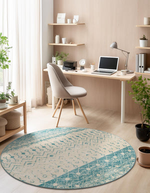 Ivory Blue 10' x 10' Tribal Trellis Round Area Rug Geometric Southwestern Inspired Durable Carpet for Home Interior Design for Sale at Rug Engine