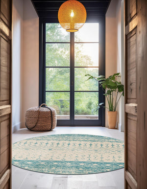 Ivory Blue 3' 1 x 3' 1 Tribal Trellis Round Area Rug Geometric Southwestern Inspired Durable Carpet for Home Interior Design for Sale at Rug Engine