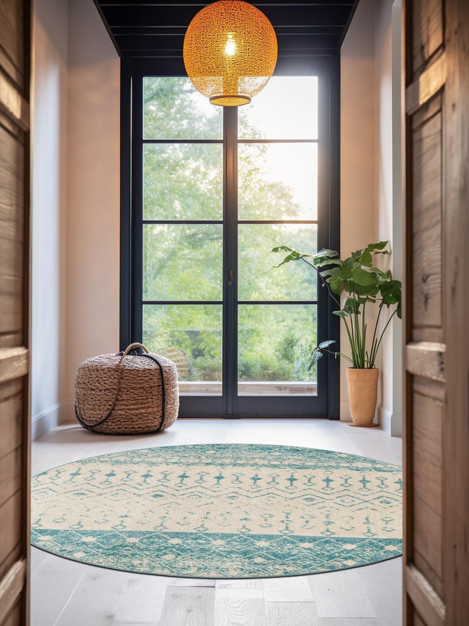 Ivory Blue 5' 3 x 5' 3 Tribal Trellis Round Area Rug Geometric Southwestern Inspired Durable Carpet for Home Interior Design for Sale at Rug Engine