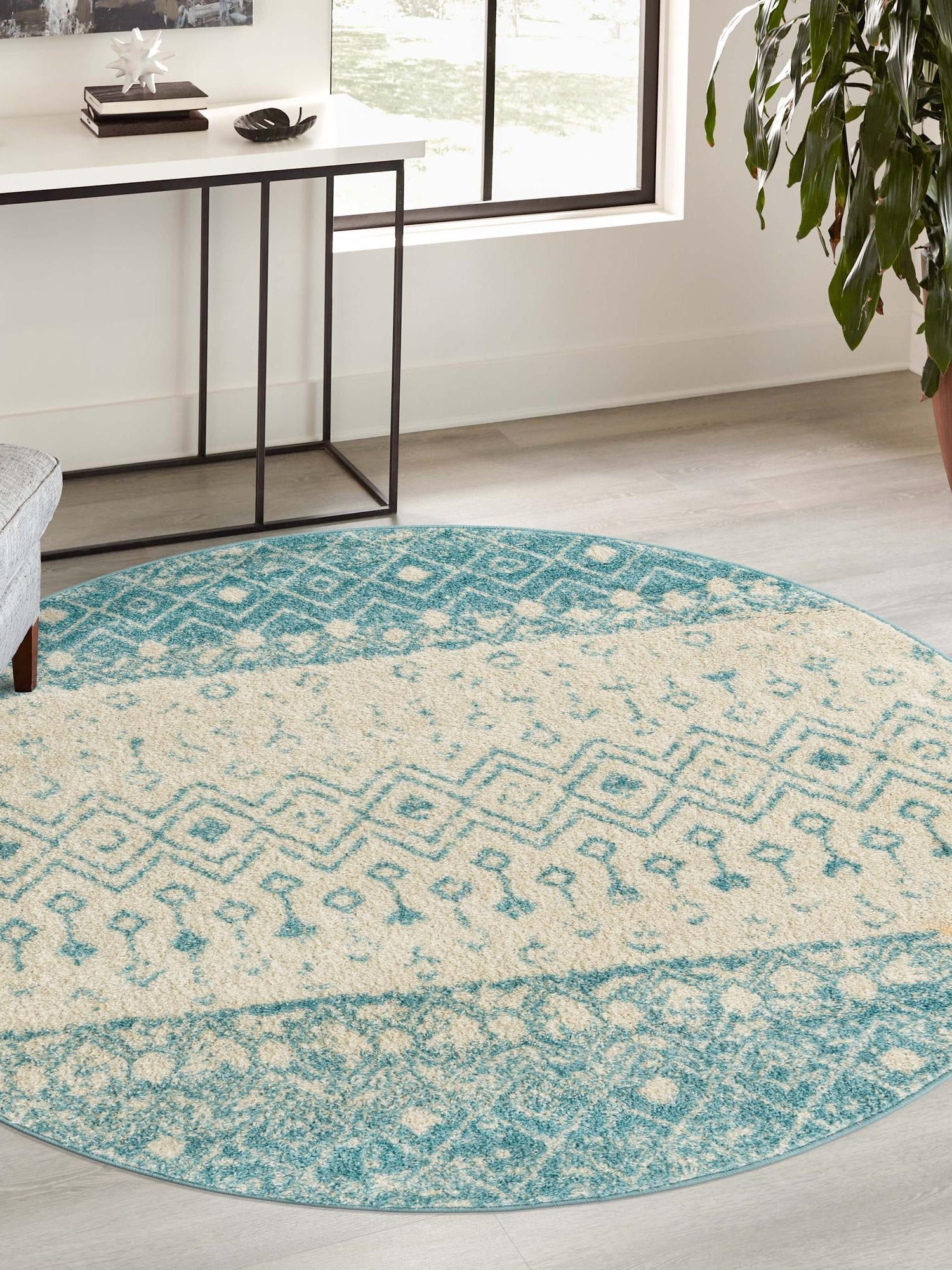 Ivory Blue 5' 3 x 5' 3 Tribal Trellis Round Area Rug Geometric Southwestern Inspired Durable Carpet for Home Interior Design for Sale at Rug Engine