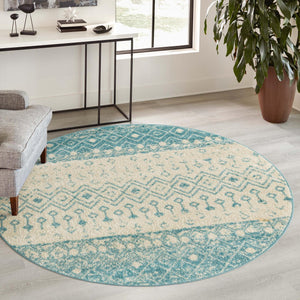 Ivory Blue 7' 10 x 7' 10 Tribal Trellis Round Area Rug Geometric Southwestern Inspired Durable Carpet for Home Interior Design for Sale at Rug Engine
