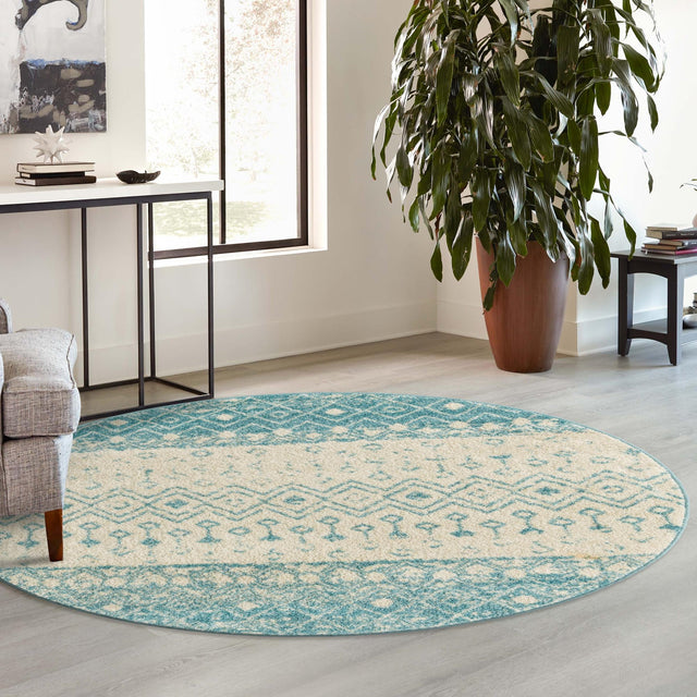 Ivory Blue 10' x 10' Tribal Trellis Round Area Rug Geometric Southwestern Inspired Durable Carpet for Home Interior Design for Sale at Rug Engine
