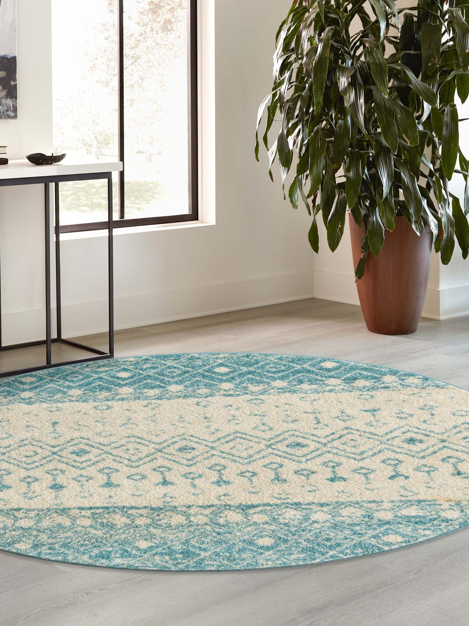 Ivory Blue 6' 1 x 6' 1 Tribal Trellis Round Area Rug Geometric Southwestern Inspired Durable Carpet for Home Interior Design for Sale at Rug Engine