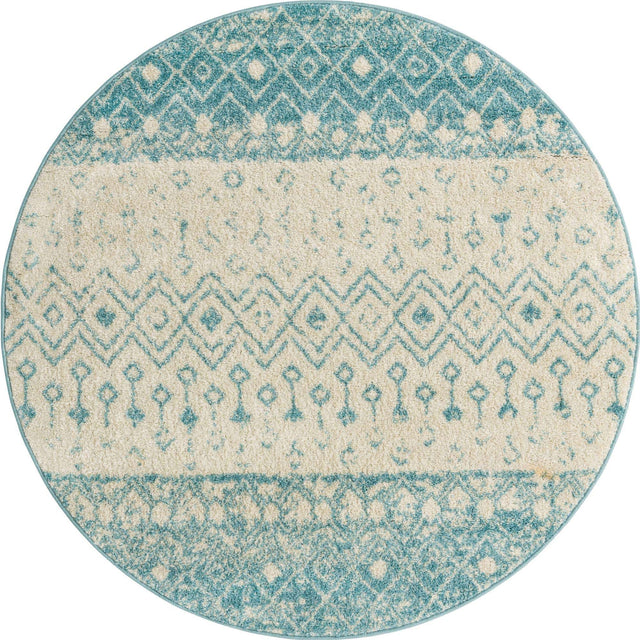 Ivory Blue 5' 3 x 5' 3 Tribal Trellis Round Area Rug Geometric Southwestern Inspired Durable Carpet for Home Interior Design for Sale at Rug Engine