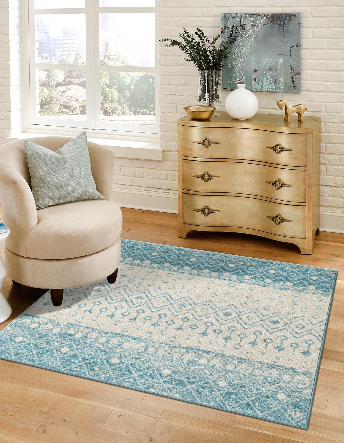 Ivory Blue 3' 1 x 3' 1 Tribal Trellis Square Area Rug Geometric Southwestern Inspired Durable Carpet for Home Interior Design for Sale at Rug Engine