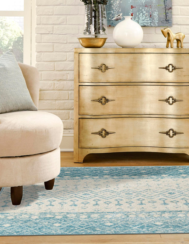 Ivory Blue 10' x 10' Tribal Trellis Square Area Rug Geometric Southwestern Inspired Durable Carpet for Home Interior Design for Sale at Rug Engine