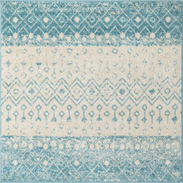 Ivory Blue 5' 3 x 5' 3 Tribal Trellis Square Area Rug Geometric Southwestern Inspired Durable Carpet for Home Interior Design for Sale at Rug Engine