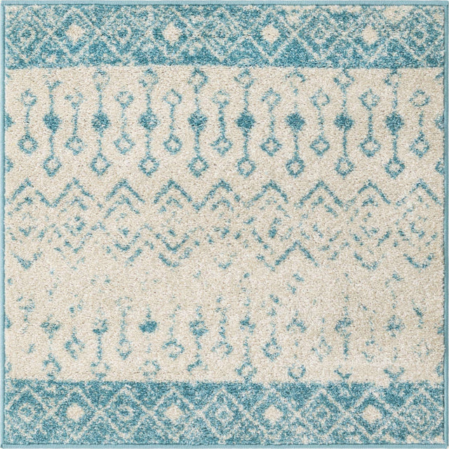 Ivory Blue 3' 1 x 3' 1 Tribal Trellis Square Area Rug Geometric Southwestern Inspired Durable Carpet for Home Interior Design for Sale at Rug Engine