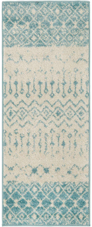 Ivory Blue 2' x 5' 3 Tribal Trellis Runner Area Rug Geometric Southwestern Inspired Durable Carpet for Home Interior Design for Sale at Rug Engine