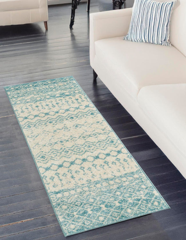 Ivory Blue 2' x 5' 3 Tribal Trellis Runner Area Rug Geometric Southwestern Inspired Durable Carpet for Home Interior Design for Sale at Rug Engine