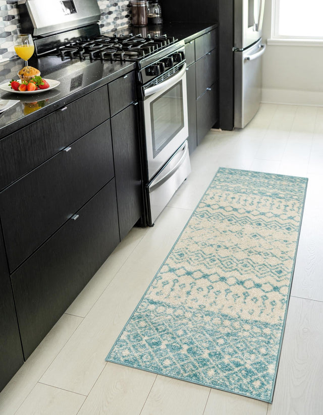Ivory Blue 2' x 5' 3 Tribal Trellis Runner Area Rug Geometric Southwestern Inspired Durable Carpet for Home Interior Design for Sale at Rug Engine
