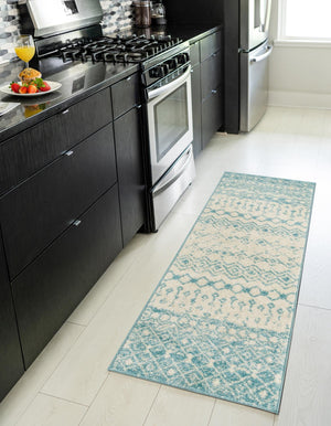 Ivory Blue 3' 3 x 16' 5 Tribal Trellis Runner Area Rug Geometric Southwestern Inspired Durable Carpet for Home Interior Design for Sale at Rug Engine