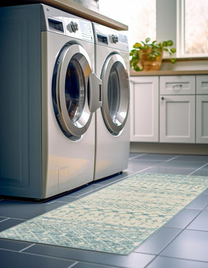 Ivory Blue 2' 7 x 10' Tribal Trellis Runner Area Rug Geometric Southwestern Inspired Durable Carpet for Home Interior Design for Sale at Rug Engine
