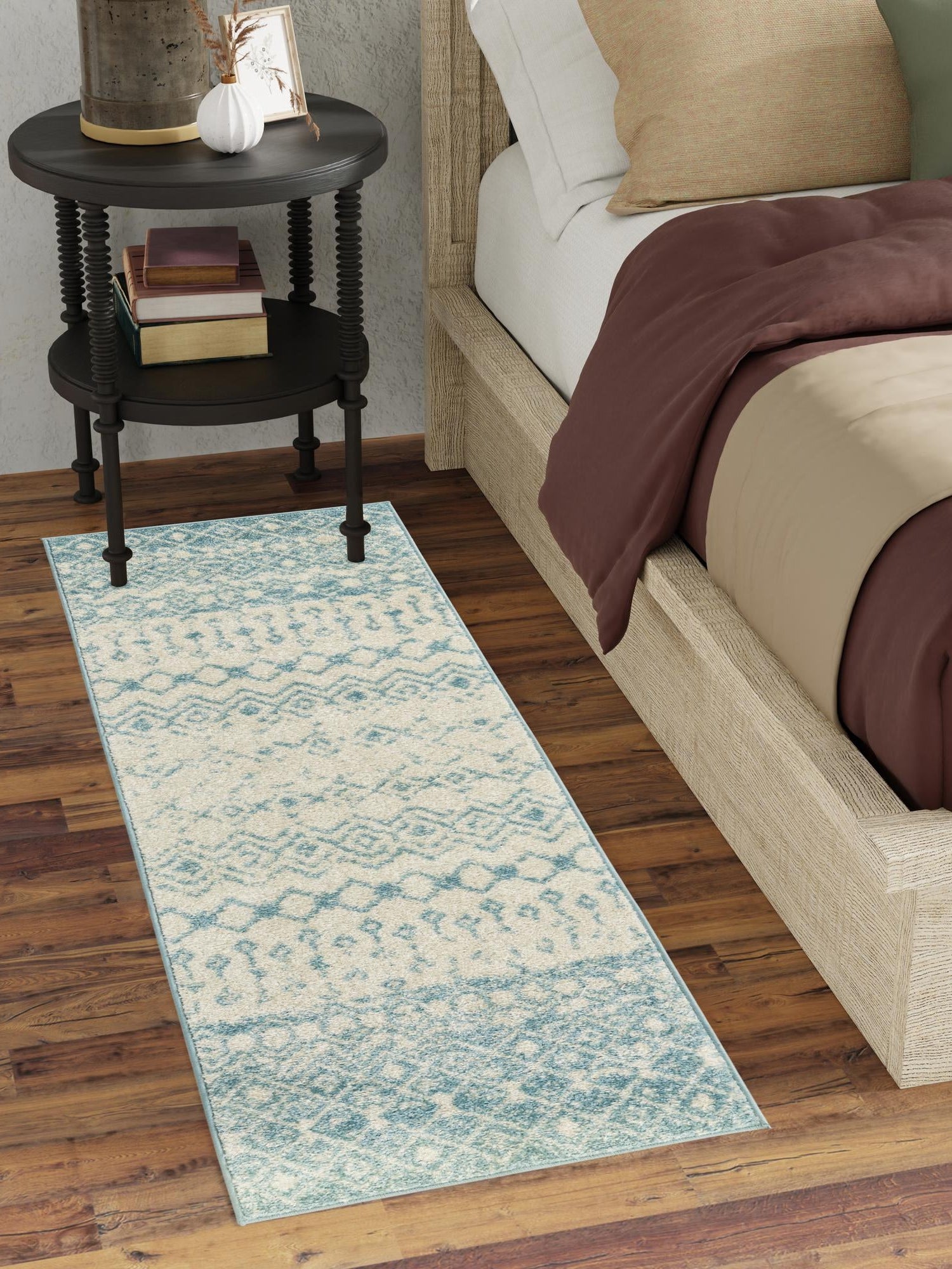 Ivory Blue 2' x 6' 1 Tribal Trellis Runner Area Rug Geometric Southwestern Inspired Durable Carpet for Home Interior Design for Sale at Rug Engine
