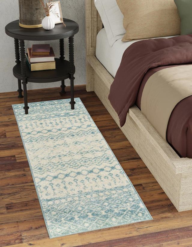 Ivory Blue 2' x 6' 1 Tribal Trellis Runner Area Rug Geometric Southwestern Inspired Durable Carpet for Home Interior Design for Sale at Rug Engine