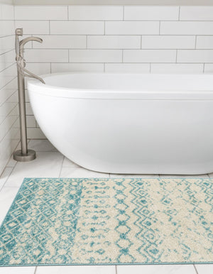 Ivory Blue 2' 7 x 10' Tribal Trellis Runner Area Rug Geometric Southwestern Inspired Durable Carpet for Home Interior Design for Sale at Rug Engine
