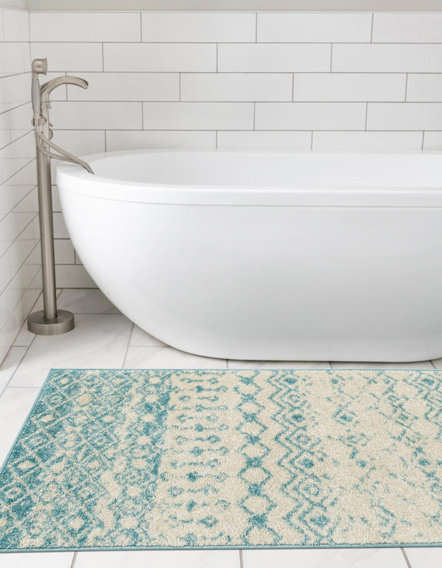 Ivory Blue 2' 7 x 10' Tribal Trellis Runner Area Rug Geometric Southwestern Inspired Durable Carpet for Home Interior Design for Sale at Rug Engine