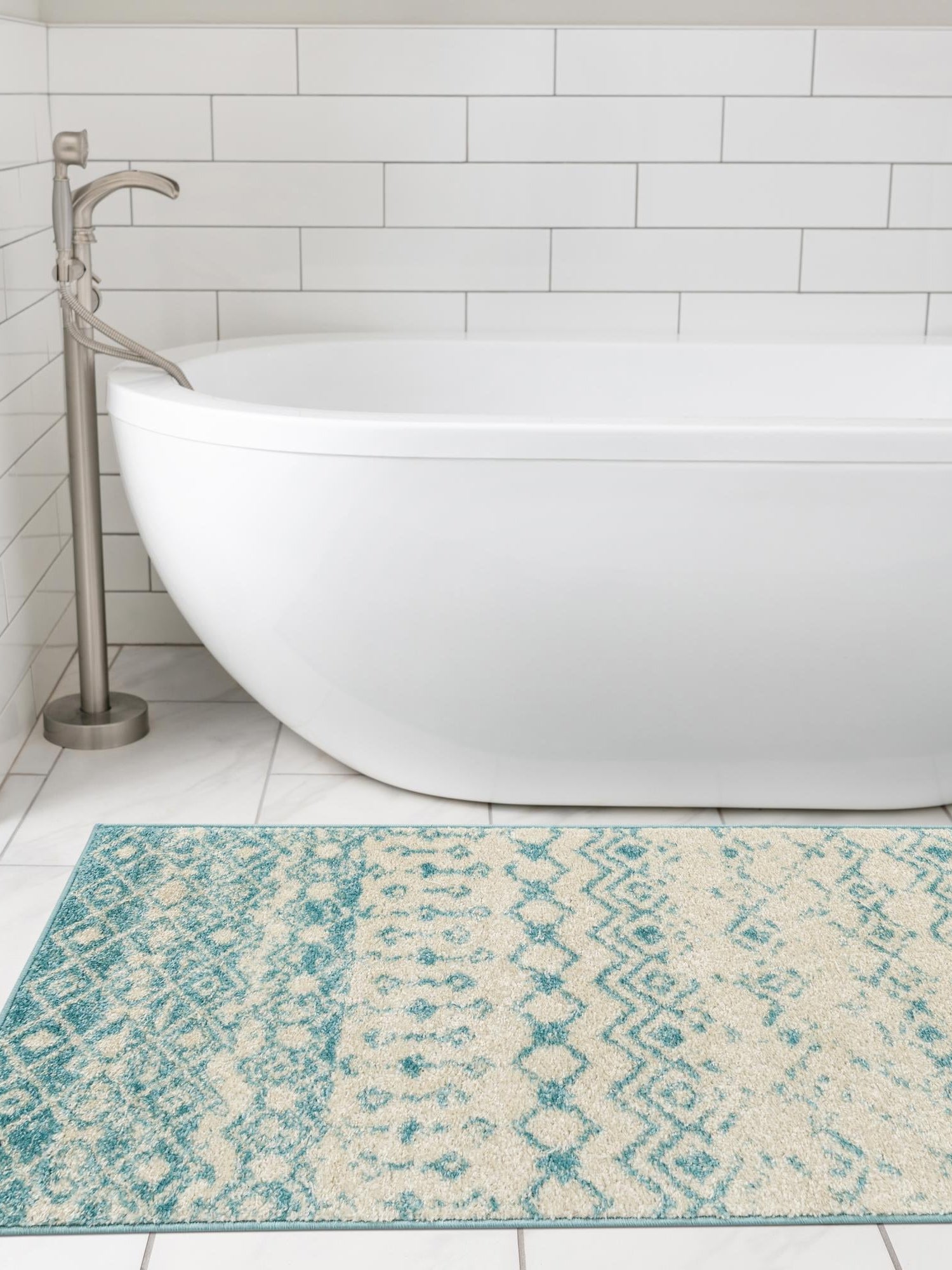 Ivory Blue 2' x 5' 3 Tribal Trellis Runner Area Rug Geometric Southwestern Inspired Durable Carpet for Home Interior Design for Sale at Rug Engine