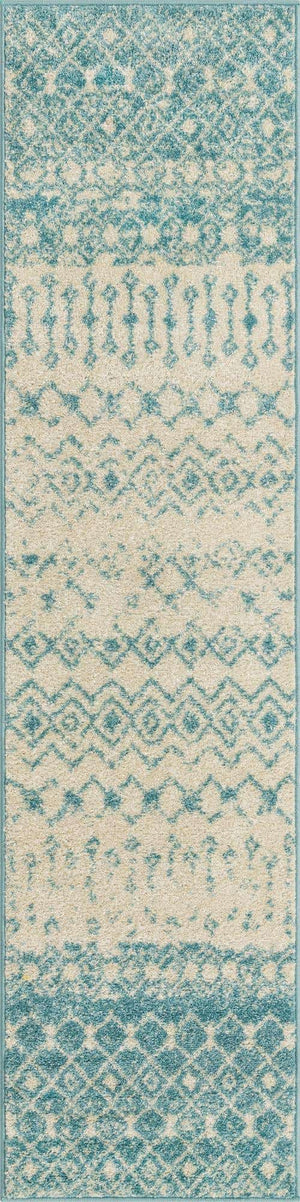 Ivory Blue 2' x 8' Tribal Trellis Runner Area Rug Geometric Southwestern Inspired Durable Carpet for Home Interior Design for Sale at Rug Engine