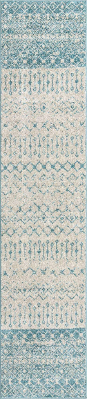 Ivory Blue 2' 7 x 12' Tribal Trellis Runner Area Rug Geometric Southwestern Inspired Durable Carpet for Home Interior Design for Sale at Rug Engine