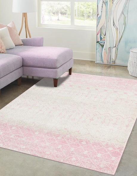 Ivory and Pink 7' 10 x 10' Tribal Trellis Rectangle Area Rug Geometric Southwestern Inspired Durable Carpet for Home Interior Design for Sale at Rug Engine