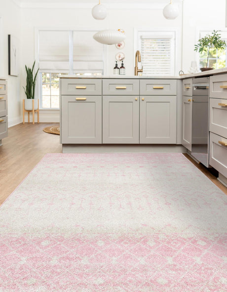 Ivory and Pink 7' 10 x 10' Tribal Trellis Rectangle Area Rug Geometric Southwestern Inspired Durable Carpet for Home Interior Design for Sale at Rug Engine