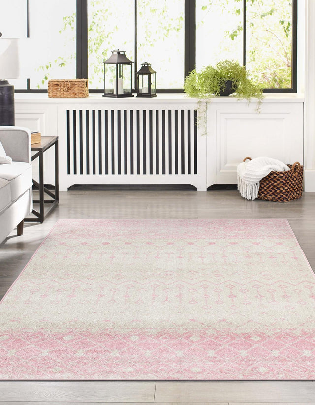 Ivory and Pink 7' 10 x 10' Tribal Trellis Rectangle Area Rug Geometric Southwestern Inspired Durable Carpet for Home Interior Design for Sale at Rug Engine
