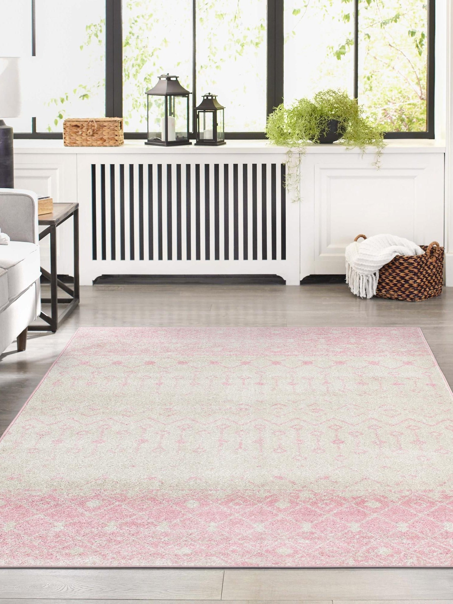 Ivory and Pink 9' x 12' Tribal Trellis Rectangle Area Rug Geometric Southwestern Inspired Durable Carpet for Home Interior Design for Sale at Rug Engine