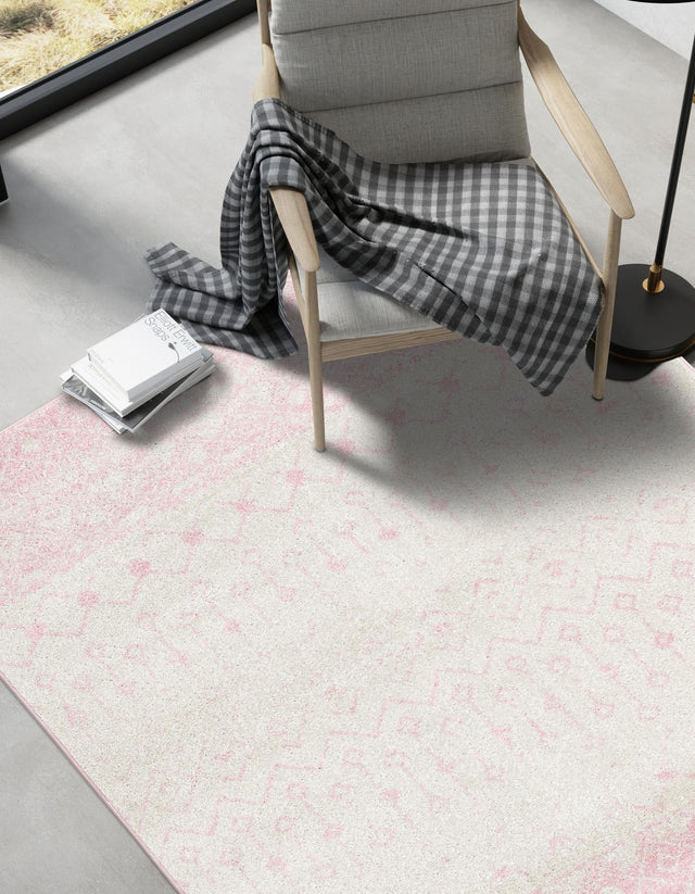 Ivory and Pink 7' 10 x 10' Tribal Trellis Rectangle Area Rug Geometric Southwestern Inspired Durable Carpet for Home Interior Design for Sale at Rug Engine