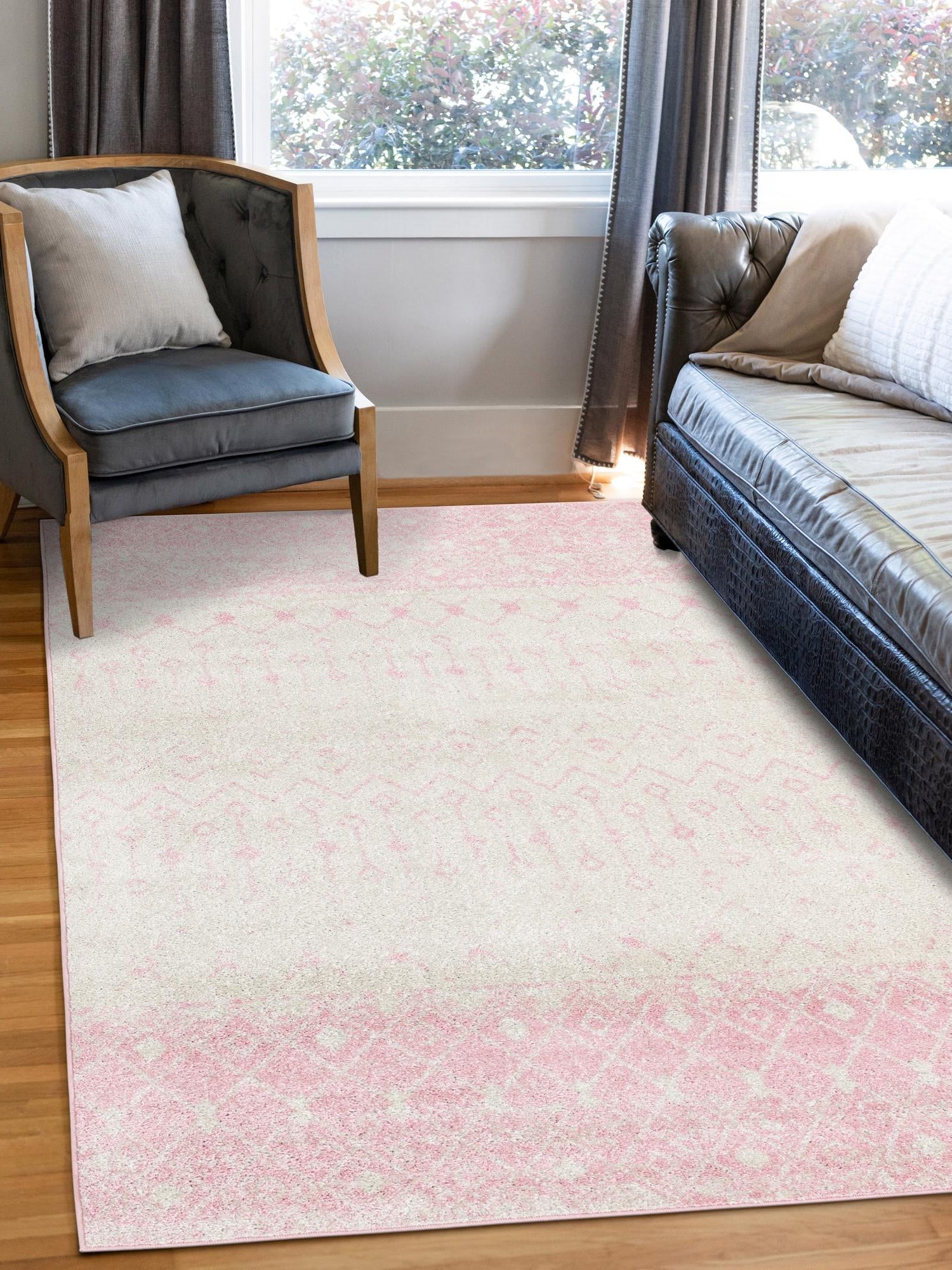 Ivory and Pink 7' 10 x 10' Tribal Trellis Rectangle Area Rug Geometric Southwestern Inspired Durable Carpet for Home Interior Design for Sale at Rug Engine