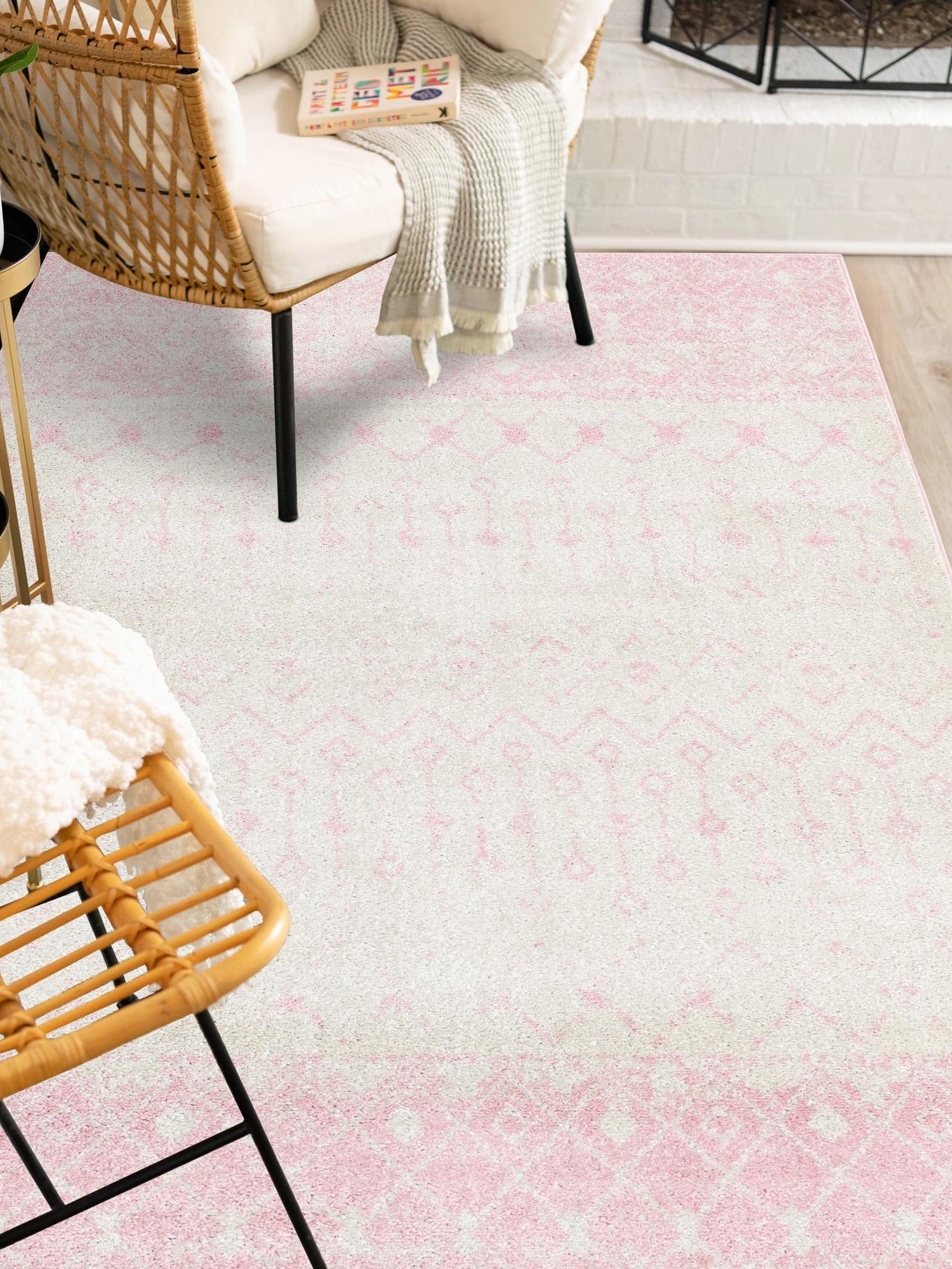 Ivory and Pink 6' x 9' Tribal Trellis Rectangle Area Rug Geometric Southwestern Inspired Durable Carpet for Home Interior Design for Sale at Rug Engine