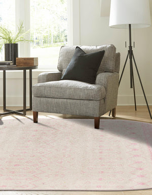 Ivory and Pink 7' 10 x 10' Tribal Trellis Oval Area Rug Geometric Southwestern Inspired Durable Carpet for Home Interior Design for Sale at Rug Engine