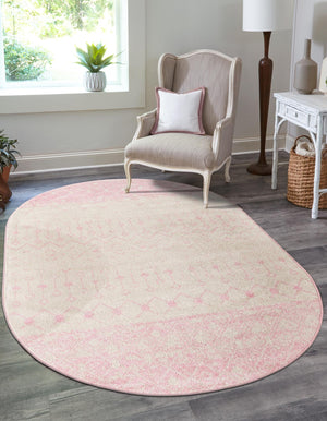 Ivory and Pink 5' 3 x 8' Tribal Trellis Oval Area Rug Geometric Southwestern Inspired Durable Carpet for Home Interior Design for Sale at Rug Engine