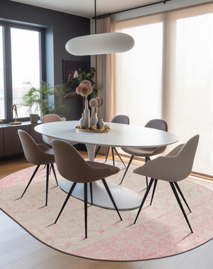 Ivory and Pink 7' 10 x 10' Tribal Trellis Oval Area Rug Geometric Southwestern Inspired Durable Carpet for Home Interior Design for Sale at Rug Engine
