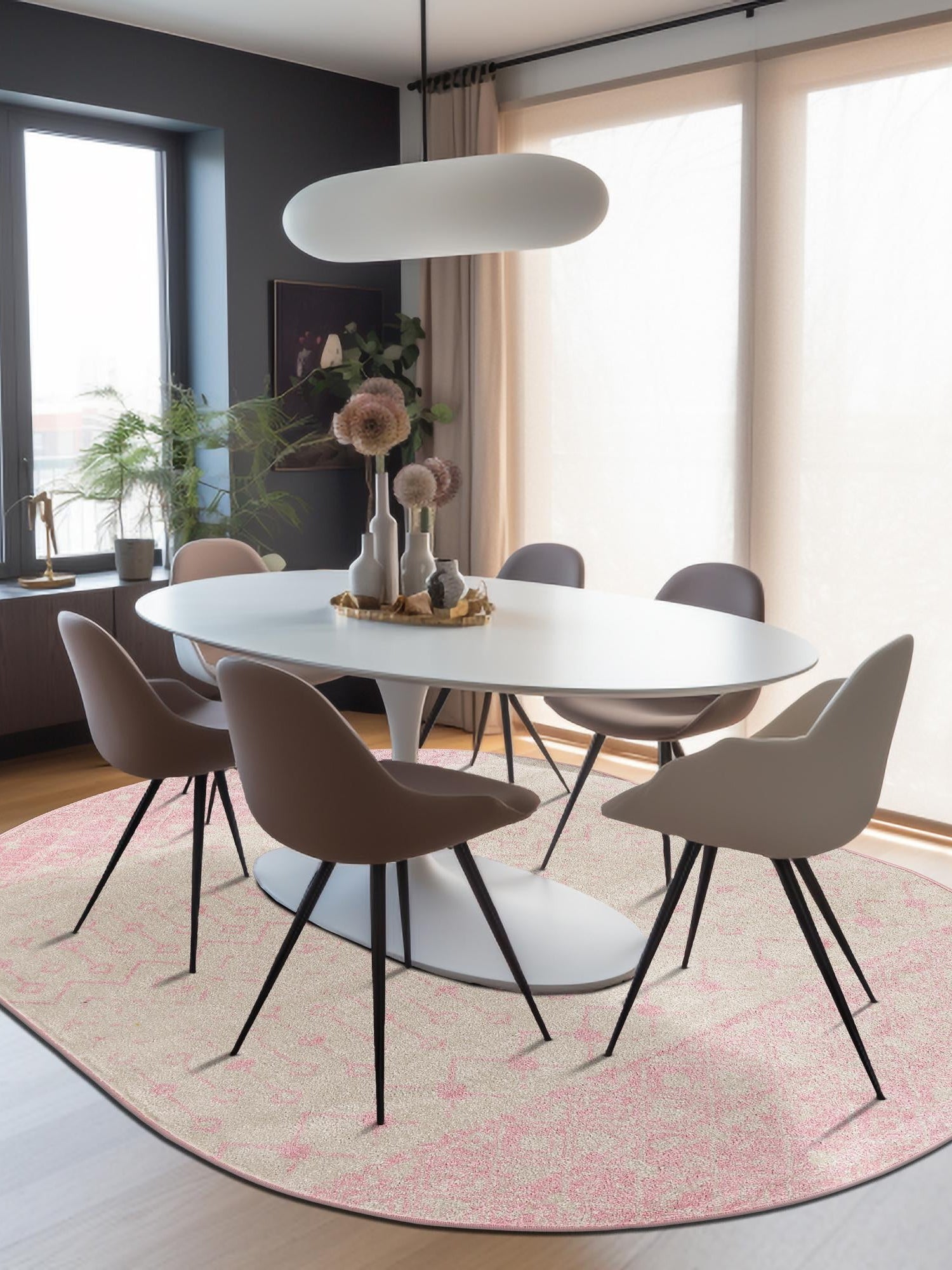 Ivory and Pink 4' x 6' Tribal Trellis Oval Area Rug Geometric Southwestern Inspired Durable Carpet for Home Interior Design for Sale at Rug Engine
