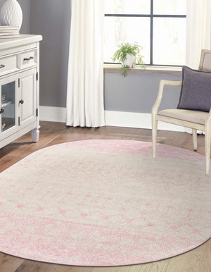 Ivory and Pink 7' 10 x 10' Tribal Trellis Oval Area Rug Geometric Southwestern Inspired Durable Carpet for Home Interior Design for Sale at Rug Engine