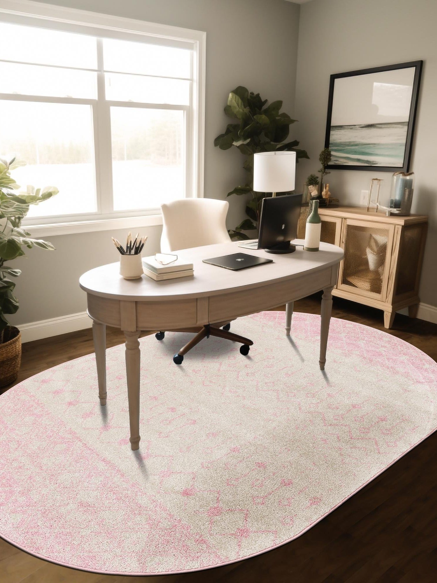 Ivory and Pink 4' x 6' Tribal Trellis Oval Area Rug Geometric Southwestern Inspired Durable Carpet for Home Interior Design for Sale at Rug Engine
