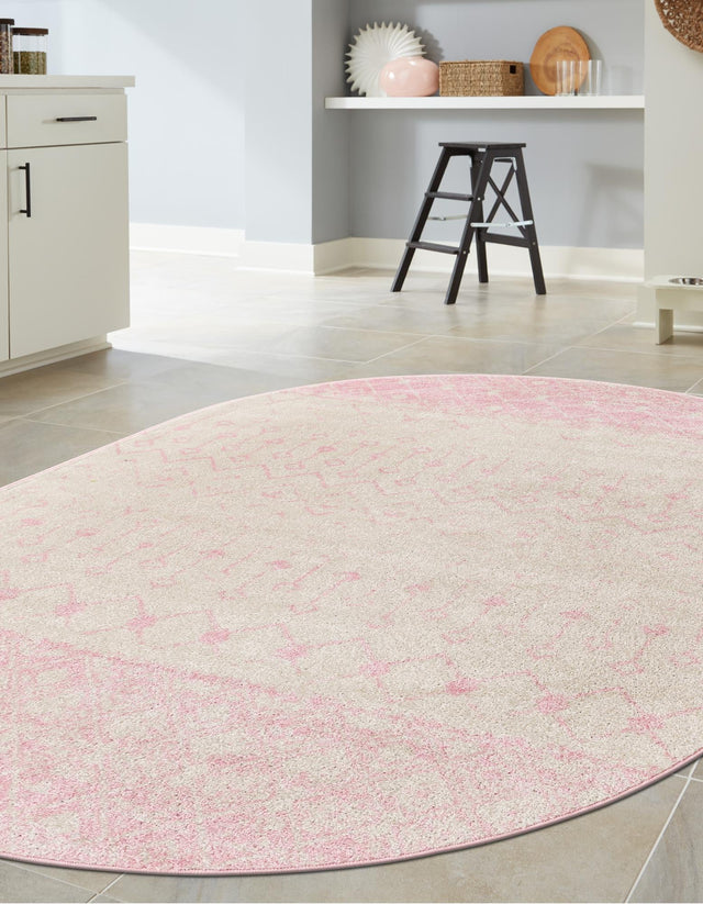Ivory and Pink 7' 10 x 10' Tribal Trellis Oval Area Rug Geometric Southwestern Inspired Durable Carpet for Home Interior Design for Sale at Rug Engine