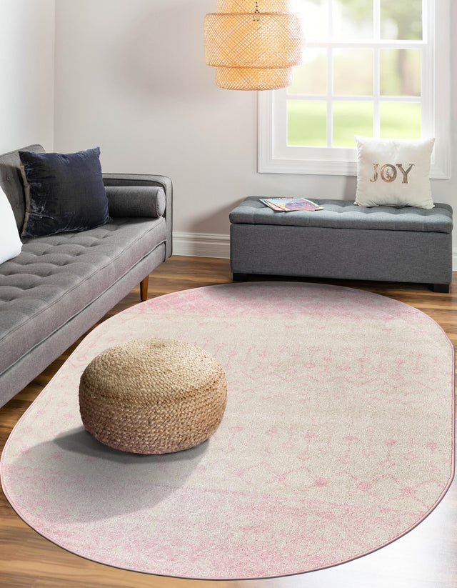 Ivory and Pink 7' 10 x 10' Tribal Trellis Oval Area Rug Geometric Southwestern Inspired Durable Carpet for Home Interior Design for Sale at Rug Engine