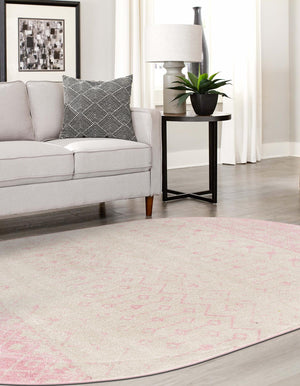 Ivory and Pink 7' 10 x 10' Tribal Trellis Oval Area Rug Geometric Southwestern Inspired Durable Carpet for Home Interior Design for Sale at Rug Engine