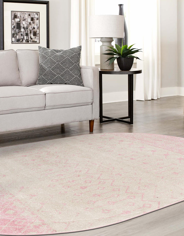 Ivory and Pink 7' 10 x 10' Tribal Trellis Oval Area Rug Geometric Southwestern Inspired Durable Carpet for Home Interior Design for Sale at Rug Engine
