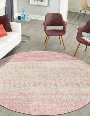 Ivory and Pink 3' 3 x 3' 3 Tribal Trellis Round Area Rug Geometric Southwestern Inspired Durable Carpet for Home Interior Design for Sale at Rug Engine