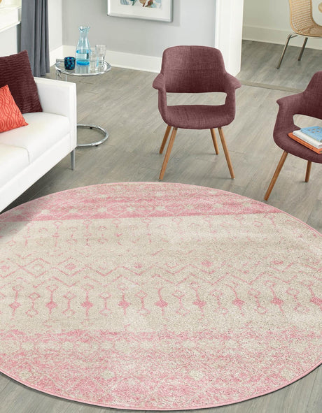 Ivory and Pink 3' 3 x 3' 3 Tribal Trellis Round Area Rug Geometric Southwestern Inspired Durable Carpet for Home Interior Design for Sale at Rug Engine