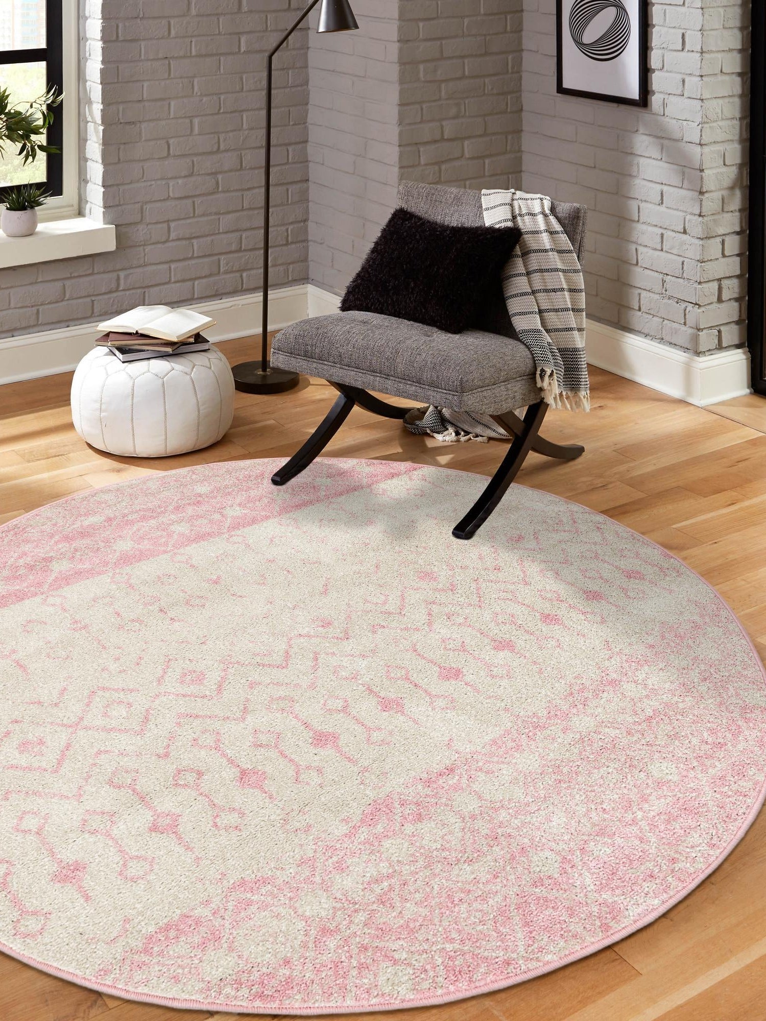 Ivory and Pink 3' 3 x 3' 3 Tribal Trellis Round Area Rug Geometric Southwestern Inspired Durable Carpet for Home Interior Design for Sale at Rug Engine