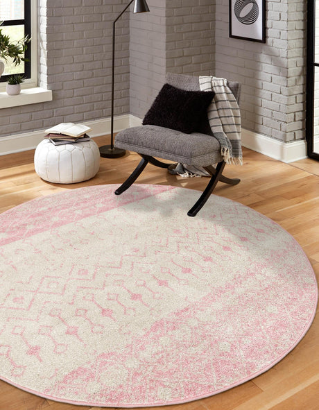 Ivory and Pink 3' 3 x 3' 3 Tribal Trellis Round Area Rug Geometric Southwestern Inspired Durable Carpet for Home Interior Design for Sale at Rug Engine